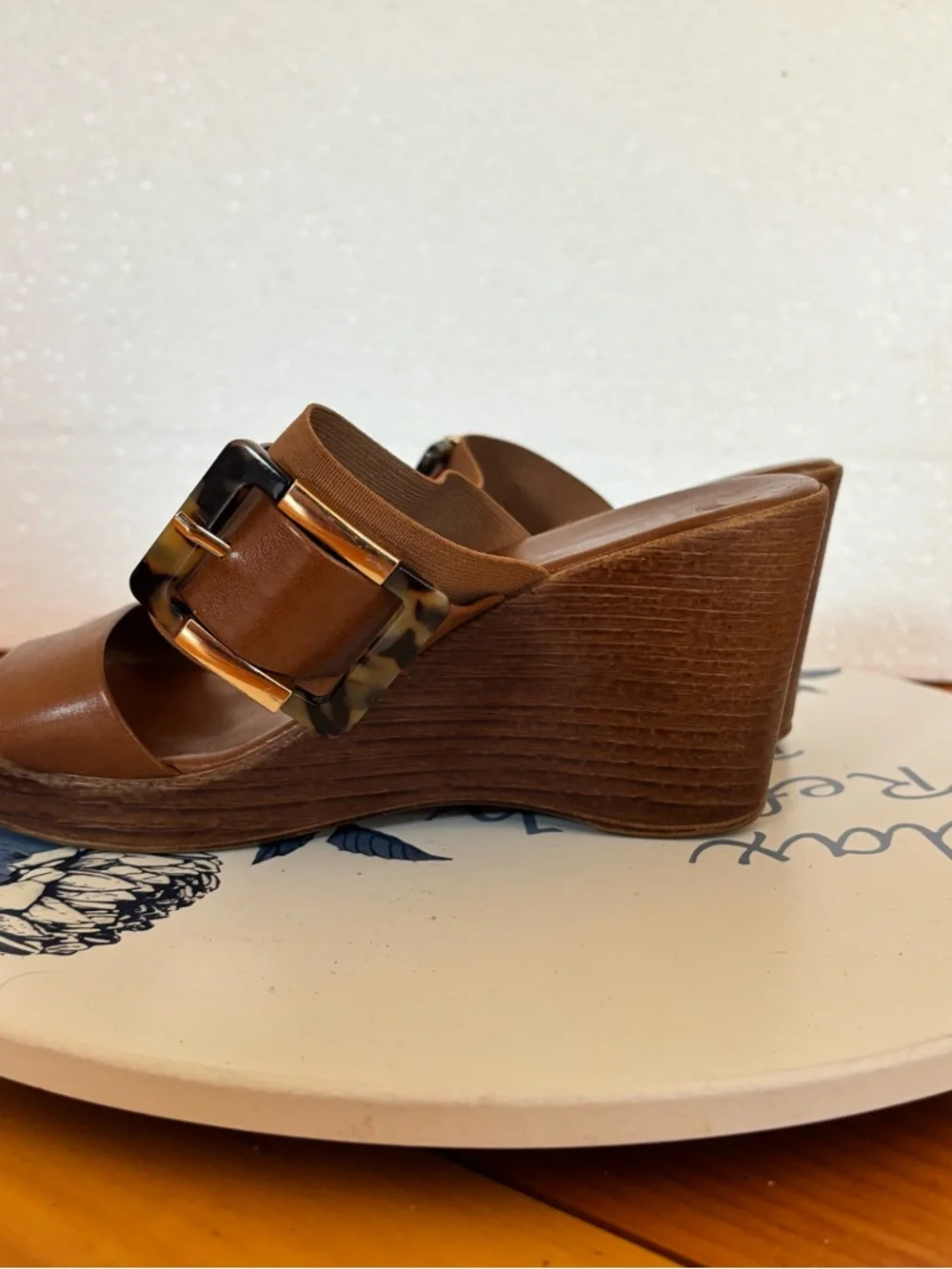 Toscanella Brown Leather Wedge Sandals Size 6.5 Made in Italy